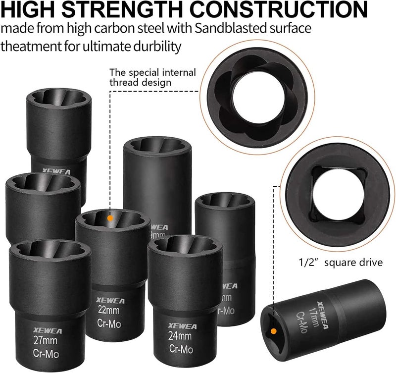 XEWEA 9PCS Lug Nut Extractor Set, 1/2" Drive Impact Bolt Remover Socket Tool, Wheel Lock Removal Kit, Easy Out Extractor Set for Damaged, Frozen, Rusted, Rounded-Off Bolts, Father's Day Gift - Image 2